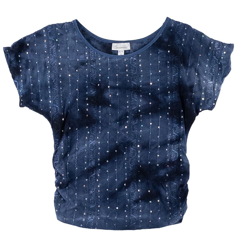 Y2K DressBarn Baby Tee Top Women Petite S Navy Blue Whimsigoth Fairy Sequin